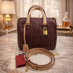 CAROLINA Herrera Andy 7 Lock & Key Chic Burgundy Nopal Leather and Tan Handbag